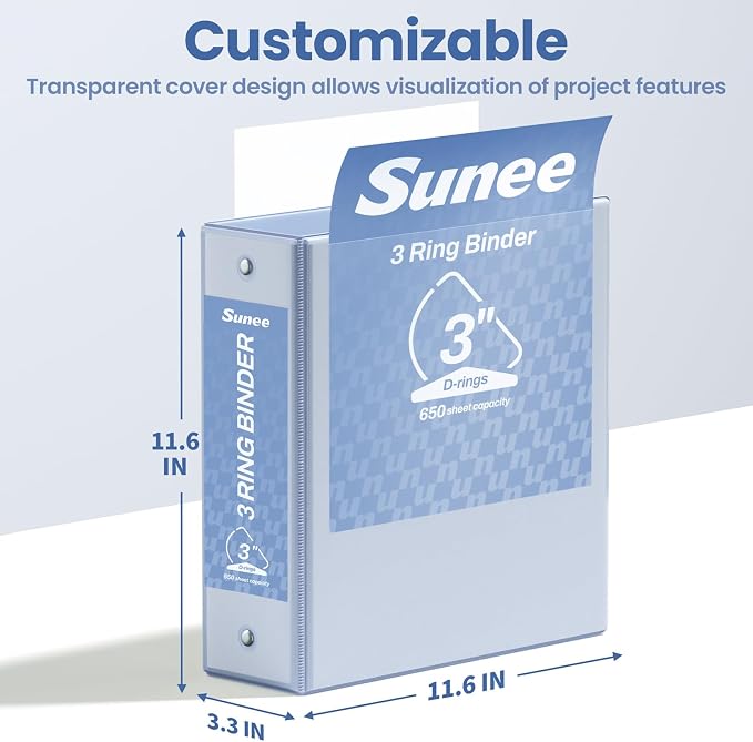 SUNEE 3 Ring Binder 3 Inch D Ring, Clear View Large Binder Three Ring PVC-Free (Fit 8.5x11 Inches) for School or Office Supplies, Haze Blue, 1 Pack