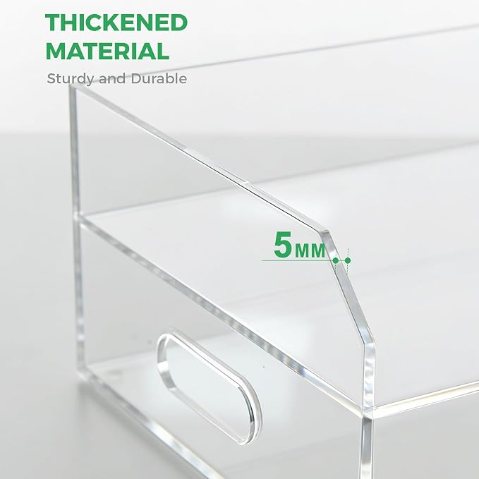 Paper Tray Organizer for Desk, 2 Tier Acrylic Desk Organizers and Accessories, One-Piece Integrated A4 Paper Organizer with Handles, Crystal-Clear Letter Tray & Compact Office File Holder