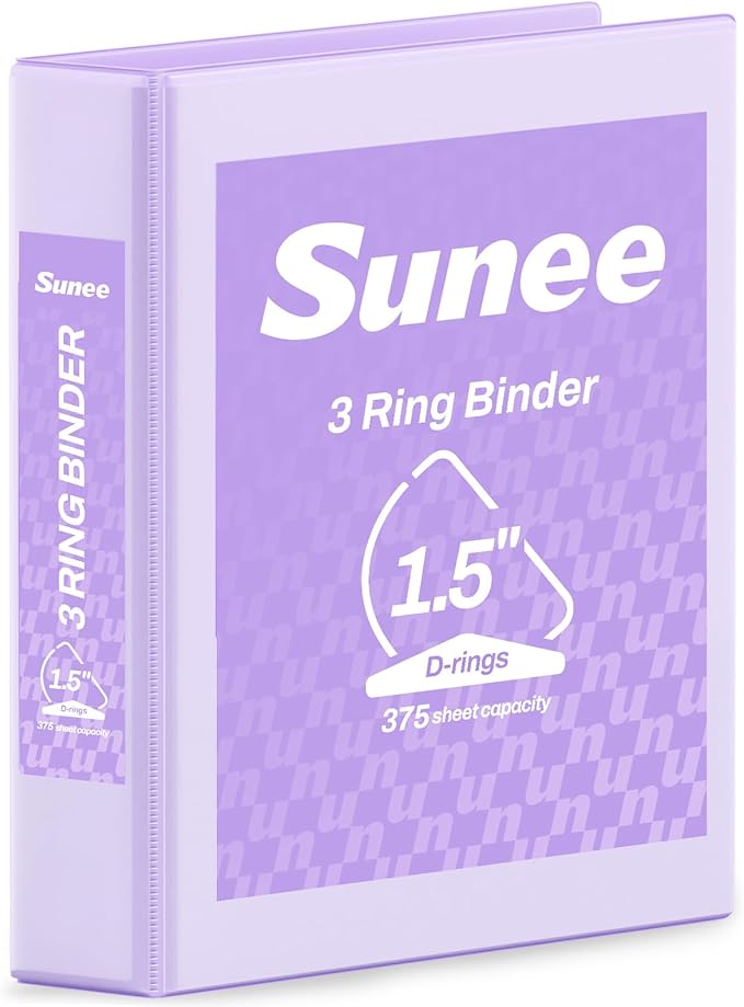 SUNEE 3 Ring Binder 1.5 Inch D Ring, Clear View Binder Three Ring PVC-Free (Fit 8.5x11 Inches) for School or Office Supplies, Light Purple, 1 Pack