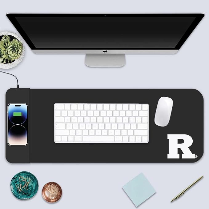Rutgers University Classic Wireless Charging Cloth Desk Mat, Durable Office Supplies, Non-Slip Base, Quick Charging Wireless Desk Pad, Black