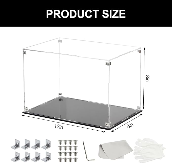 12x8x8Inch Rectangle Clear Acrylic Boxes for Collectibles Display | Assemble Storage Box Action Figures Display Case with Black Base, Removable Dustproof Showcase for Car Models Home Storage