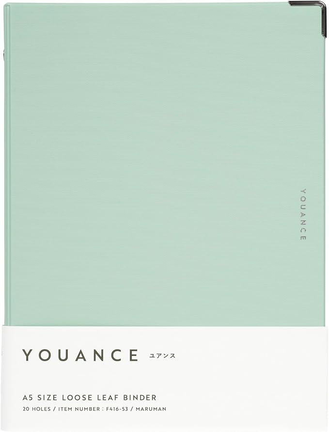 Maruman YOUANCE 20-Ring Binder, Holds 70 Sheets, A5 5.83"x8.27", Mint Green | Durable Vinyl Cover, Storage Pocket, Includes 10 3mm Graph Paper Sheets & Clear Sheet Protector, Made in Japan
