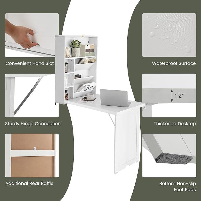 Nightcore Wall Mounted Table w/Classified Storage Space, Foldable Multiple-Purpose Desk, Sturdy Wood Structure, Floating Convertible Desk/Cabinet for Apartment, Narrow Place and Limited Room (White)