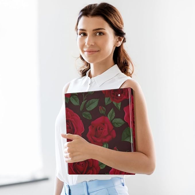 3 Ring Binder Red Rose Black Roses 1.5 inch Binders Three Ring Binders with Clipboard Fit 8.5'' x 11'' Paper 3 Interior PVC Clear Pockets for Office Supplies