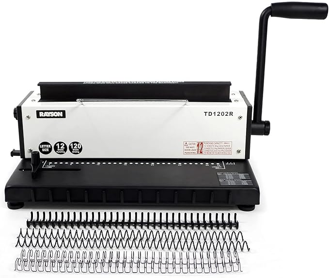 RAYSON TD1202R 3:1 Wire Binding Machine, 12-Sheet Punch, 120-Sheet Capacity | 32 round holes for Letter-size sheets; compatible with 3:1 wire, spiral coil, and click binding spines.