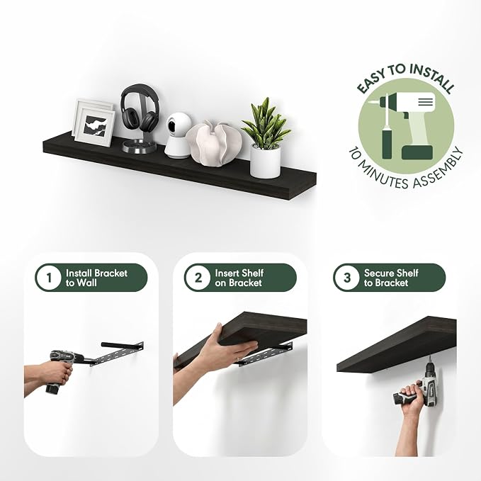 Furinno Tanna Floating Shelves for Wall, 9 x 47 Wall Shelf, Single Set Wall Mounted Floating Shelf with Invisible Bracket, 2-Inch Thick, for Bathroom, Living Room, Bedroom, Home Office, Tobacco Oak