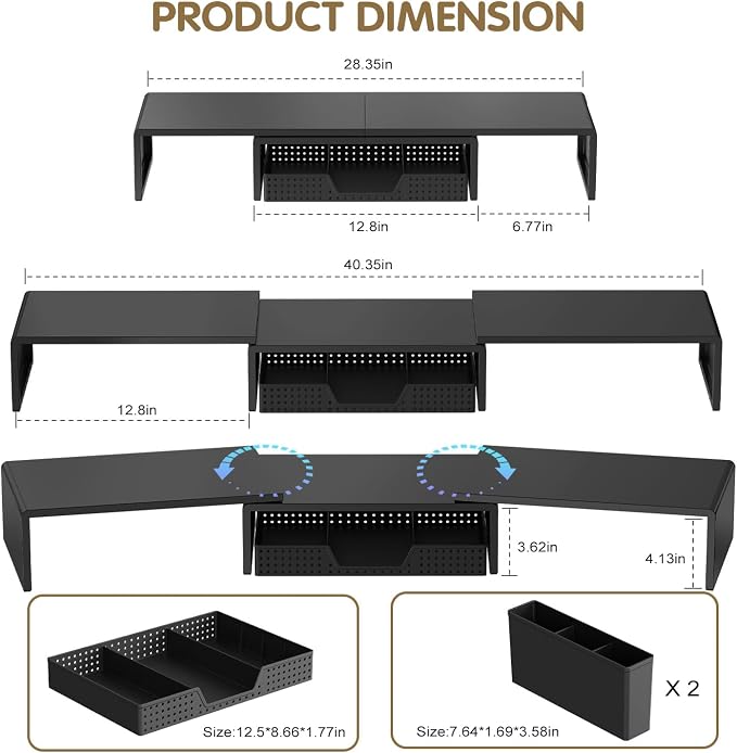 LEKETREE Dual Monitor Stand Riser with Drawer, Desk Organizer and Accessories, Monitor Stand for Desk, Desktop Stand for Computer, Laptop, TV and More (Black)