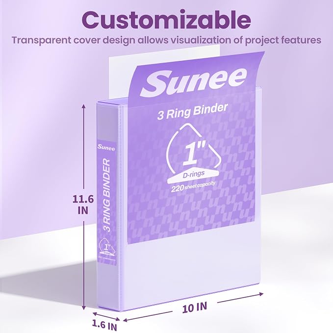 SUNEE 3 Ring Binder 1 Inch D Ring, Clear View Binder Three Ring PVC-Free (Fit 8.5x11 Inches) for School or Office Supplies, Light Purple, 1 Pack