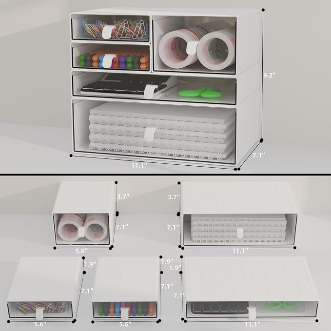 White & Clear 5-Drawer Stackable Desk Organizer Storage Set | Separate drawers, Dustproof, Easy to clean, for Office supplies, Pens, Markers, Stationery, Jewelry, Makeup, DIY Craft