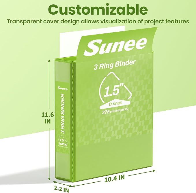 SUNEE 3 Ring Binder 1.5 Inch D Ring, Clear View Binder Three Ring PVC-Free (Fit 8.5x11 Inches) for School or Office Supplies, Tender Green, 1 Pack