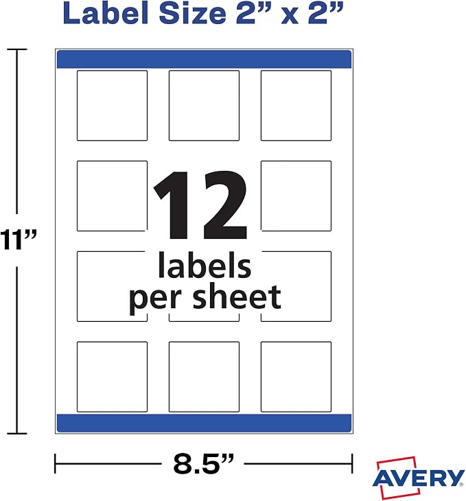 Avery Printable Blank Square Labels, 2" x 2", Matte White, 120 Customizable Labels (22816)