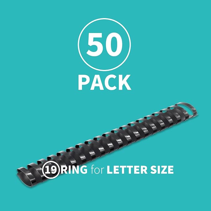 Binditek Plastic Binding Comb Spines, 1-1/4 Inch, 19 Ring, Black, 50 Pack | Plastic Binding Combs, 1-1/4 Inch Diameter, 265 Sheet Capacity, for Letter Size, for Students and Coworkers