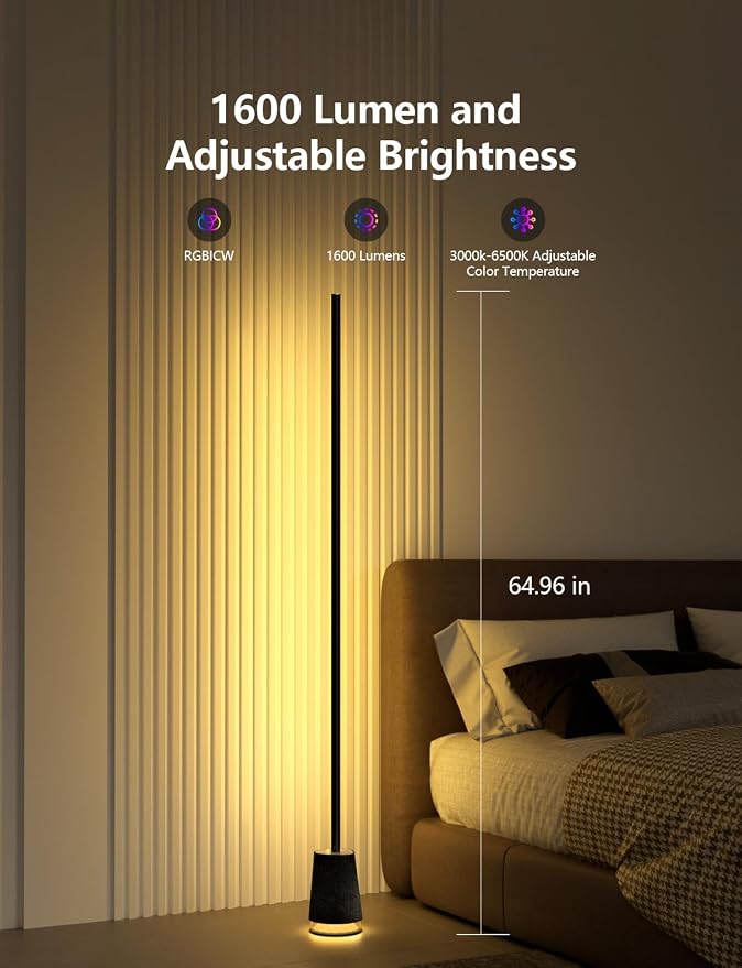 Lanmonlily Corner Floor Lamp, 1600lm RGB Corner Lamp, with Bluetooth Speaker and White Noise, Compatible with Alexa & Google, 16 Million DIY Colors, Sync with Music, for Bedroom &Living Room