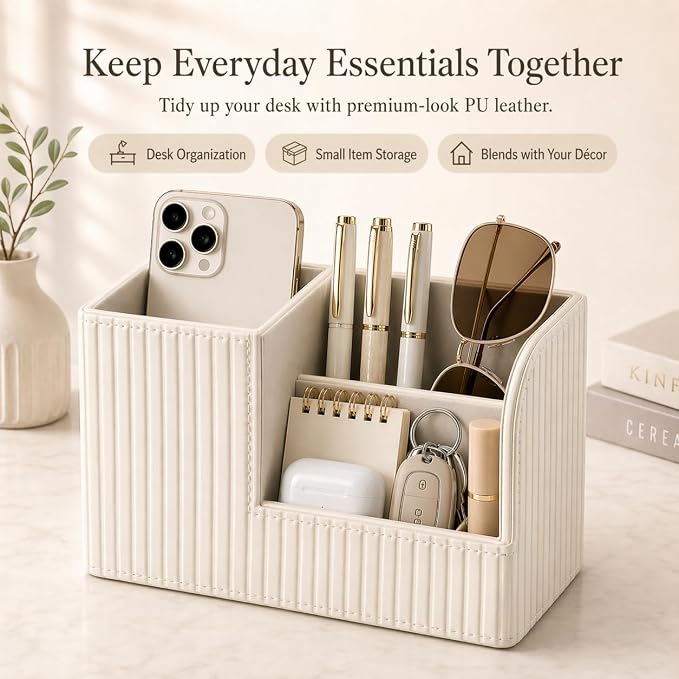 Desk Pen Organizer Office Supplies Caddy Pu Leather Multi-function Storage Box Pen/Pencil,Cell phone, Business Name Cards Remote Control Holder (Ivory White)
