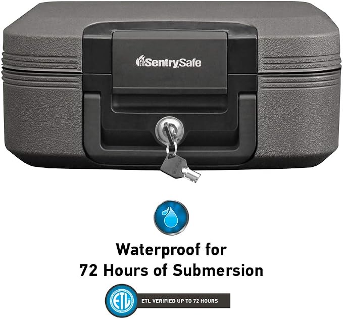 SentrySafe Fireproof and Waterproof Chest Box with Key Lock, Black Travel Safe with Interior Lighting and Carrying Handle, 0.28 Cubic Feet, 6.6 x 15.4 x 14.3 Inches, CHW20205