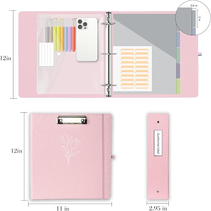 3 Ring Binder, 2 Inch Linen Binders Organizer for Letter Size (8.5" x 11") Paper with 5-Tabs Pockets Dividers, BVSSX Leather Three Ring Binders with Clipboard, Plastic Folder, Pen Loop - Pink Tulips