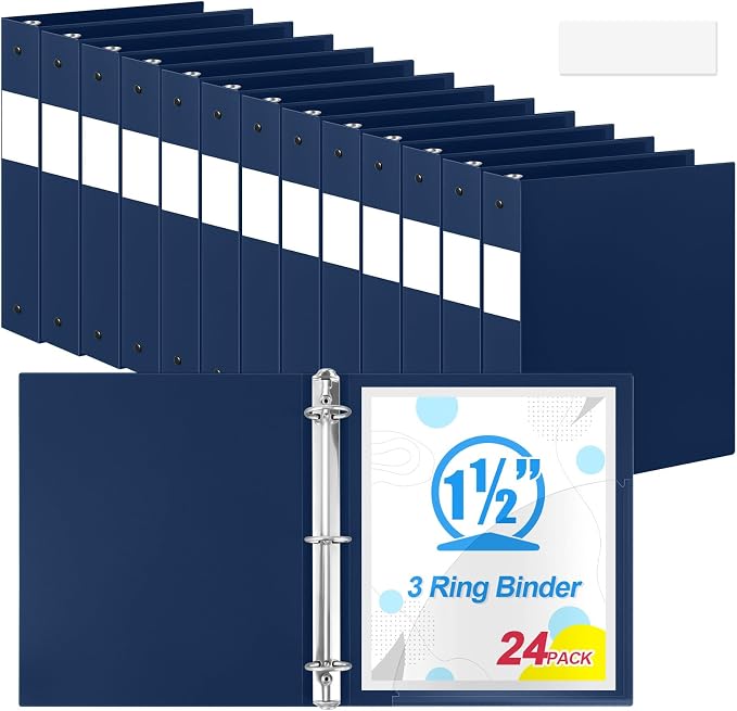 Henoyso 24 Pcs 1.5 Inch 3 Ring Binders, Letter Size,Navy Blue | Binders Bulk, Holds 350 Sheets, Round Rings, Durable Flexible PP Plastic Covers, Pockets Labels, School Office Supplies