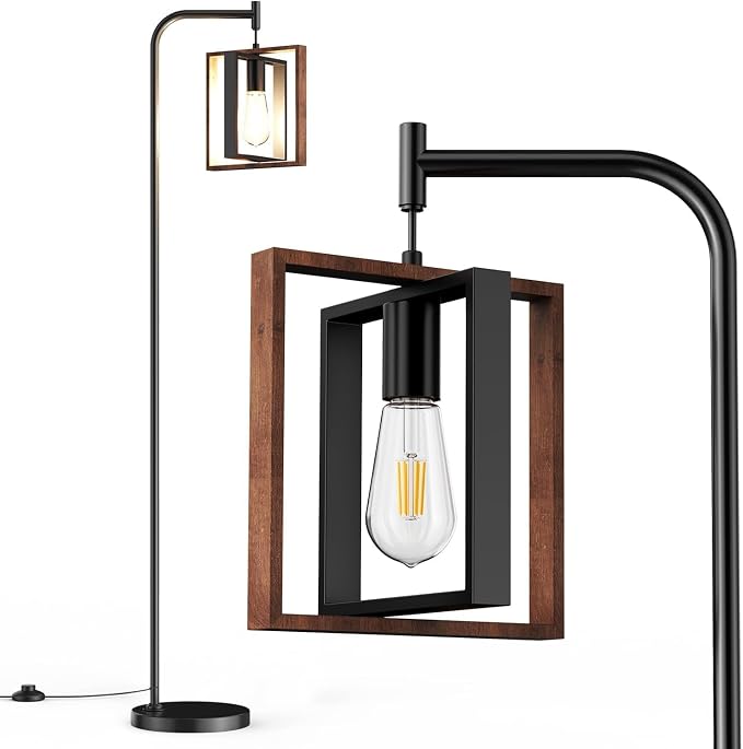 67" Industrial Floor Lamp with Wood & Black Metal Shade, Modern Standing Lamp, Rustic Farmhouse Tall Lamp for Living Room Bedroom Office, 2700K Bulb & Foot Switch Included (Black+ Wood -FL-2508)