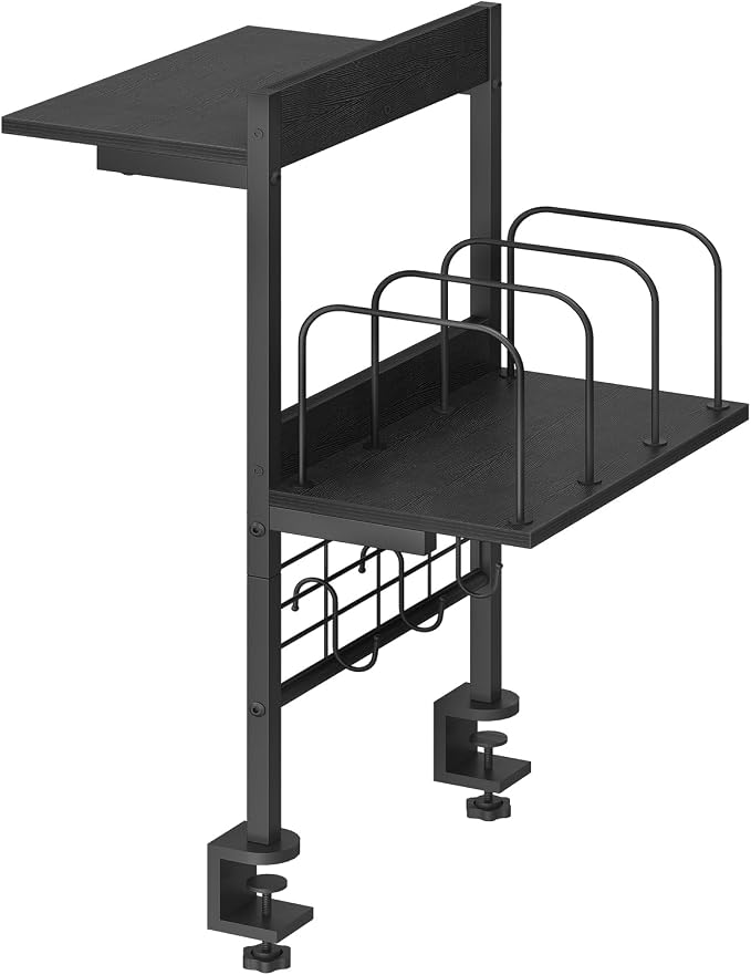 MAHANCRIS Clamp on Desk Shelf, 2 Tier Desk Storage Organizer, Desktop Bookshelf with Hooks and Divider, Desk Accessories for Study and Gaming Room, Black DSBK4501