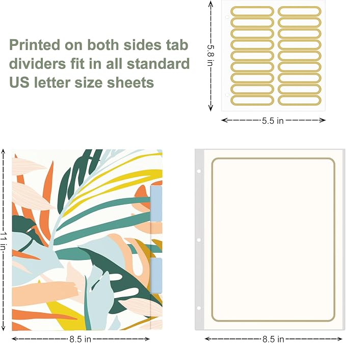 Rouidr 3 Ring Binder, 2 Inch Round Ring Binder Organizer with Clipboard, 5 Dividers Tabs, A4 8.5 x 11 Inch Paper & Clear Sleeves for School, Office Supplies, Colorful Leaves