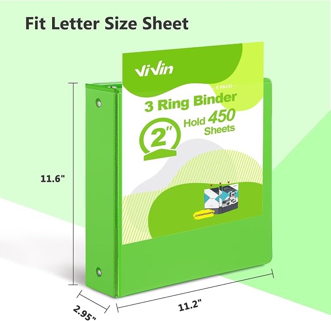 ViVin 2 Inch Round Ring View Binder for Durability, 6-Pack (Ivy Green) | Standard 3 Ring Binder for 450 Sheets of US Letter Size Paper, PVC-Free, Clear Front Pocket, Office Home School Use