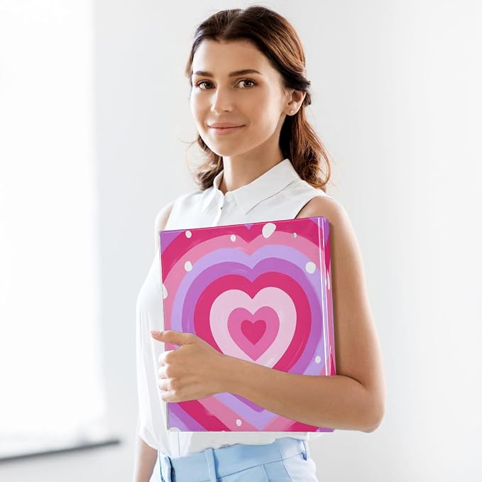 Aslsiy Kids 3 Ring Binder 1.5 Inch Pink Purple Hearts (1) Girls Round Clipboard Binder Decorative Harcover Binders Organizer for Office School Supply