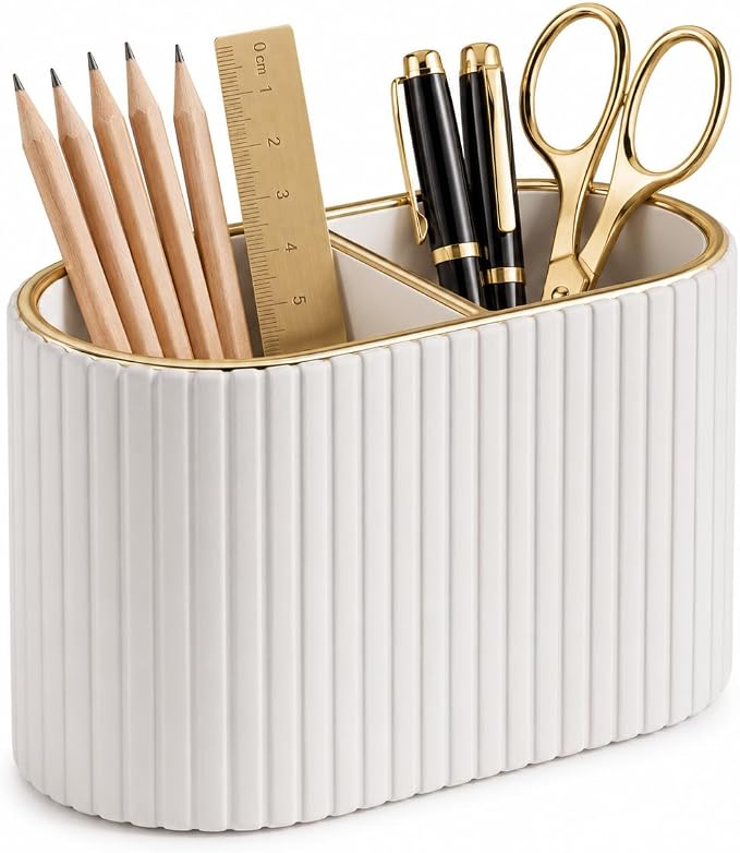 PU Leather Desk Organizer Pen Holder – Dual-Compartment Stylish Pencil Cup Remote Control Holder Desktop Supplies and Accessories Organizer Caddy for Office Home School (Light Beige)