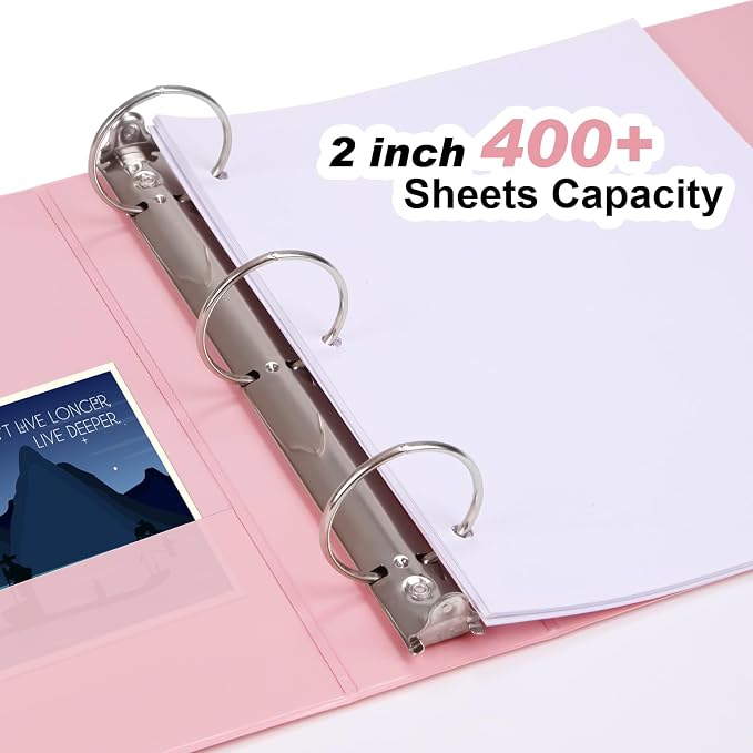 COMIX Sturdy Standard 2 Inch 3 Ring Binder with Clear View Cover | 2"Round Ring,PVC-Free,Holds 400 Letter Sheets,Morandi Multicolor for Students & Office,6 Pack (Pink)