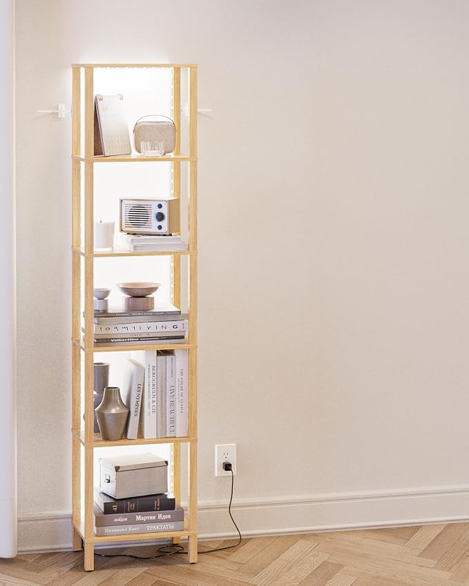 Open Book Shelf with LED Lights, 6 Tier Tall Bookshelf, Freestanding Shelf Narrow Bookcase with Open Shelves, 14.57" x 10.63" x 65.83", Book Shelves for Living Room, Office, Study, Oak