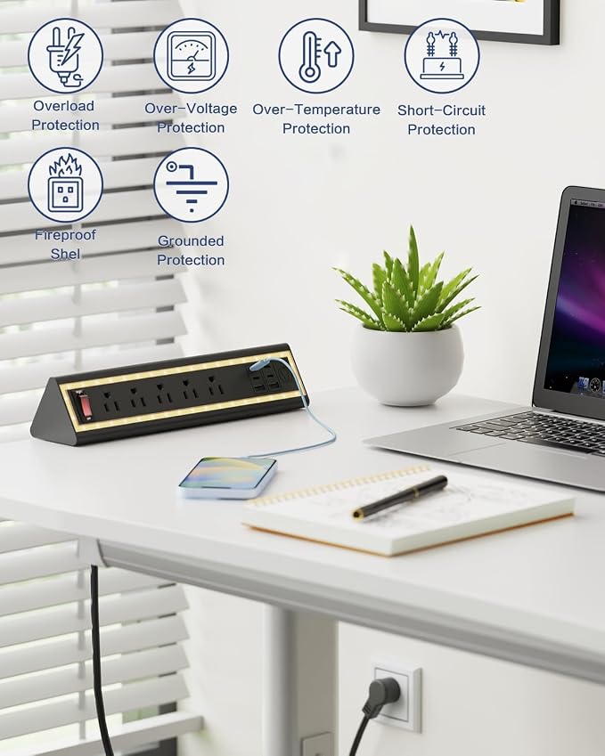 Desk Clamp Power Strip with Nightlight, 40W Fast Charging, 10FT Extension Cord, 4x20W USB-C & 2 USB Ports, 5 AC Outlets, Fits 1.69-Inch Table Edges
