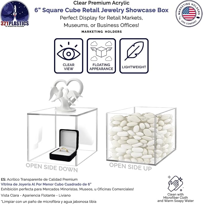 6" Clear Acrylic Dust Cover Square Cube Office Product Storage Plastic Display Riser No Lid for Small Collectibles Cake Stand for Wedding Receptions and Events by Marketing Holders