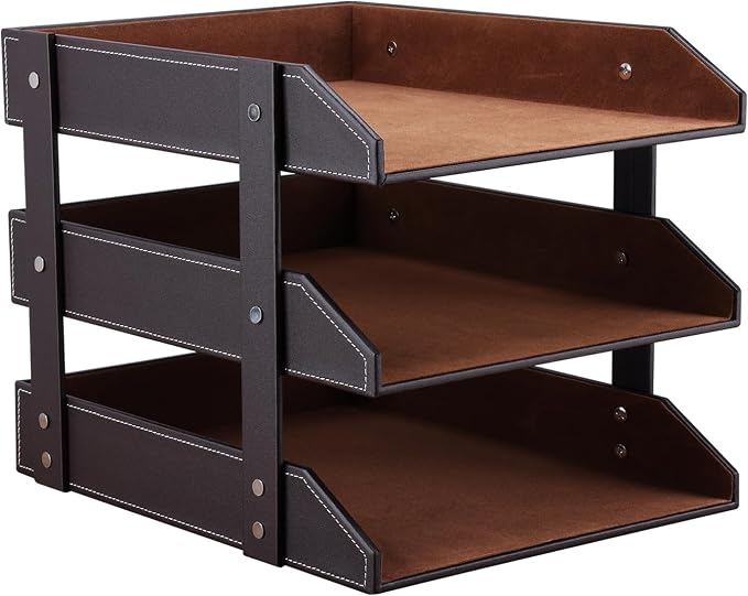 Letter Tray, Leather Paper Organizer Tray, Wooden Desk File Holder, Desktop File, Stackable Magazine Holder, Mail Sorter, Great for Home or Office - 3 Level Brown