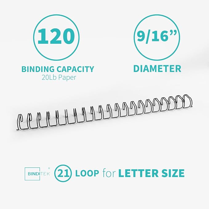 Metal Double Loop Wire Binding Spines, 9/16 Inch, 2:1 Pitch, Black 50 Pack | Wire Binding Spines for Letter Size, 21-Loop, 120 Sheet Capacity, for Reports, Manuals and Projects