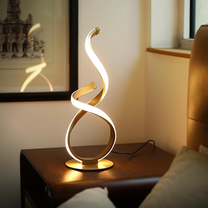 Unique Bedside Table Lamp, LED Touch Dimmable Spiral Desk Light | 3 Color Temperature Modern Nightstand Light, Side Light for Living Room, Bedroom, Gold