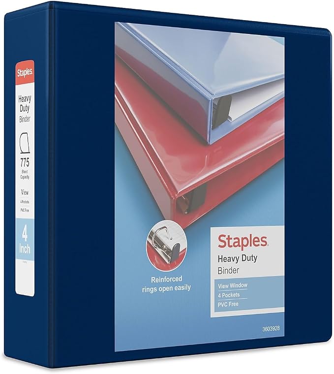 Staples Heavy‑Duty View Binder, 4" D‑Ring, Navy Blue, Reinforced Spine, High‑Capacity 3‑Ring Binder for School & Office Organization