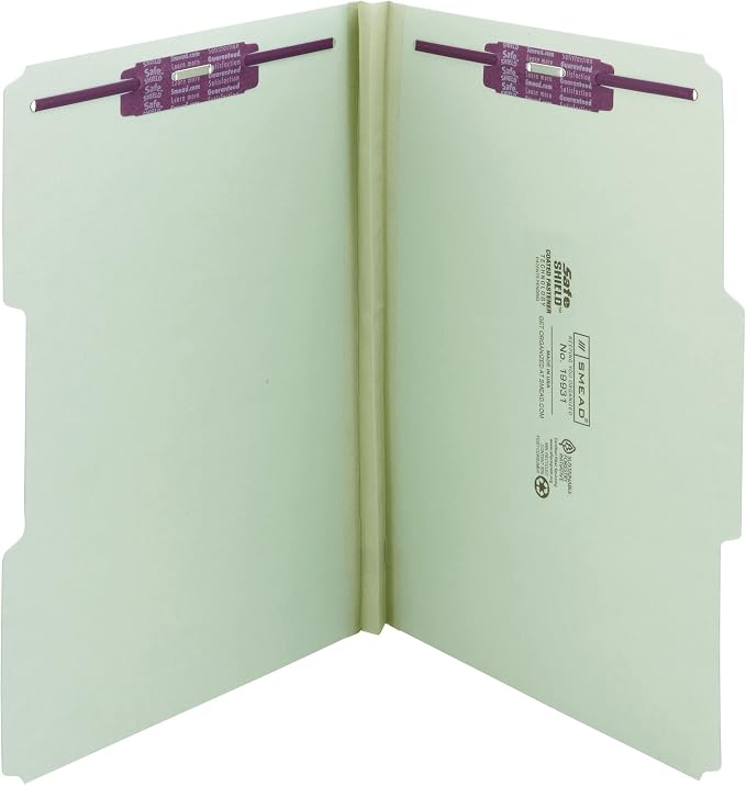 Smead Pressboard Fastener File Folder with SafeSHIELD Fasteners, 2 Fasteners, 1/3-Cut Tab, 1" Expansion, Legal Size, Gray/Green, 25 per Box (19931)