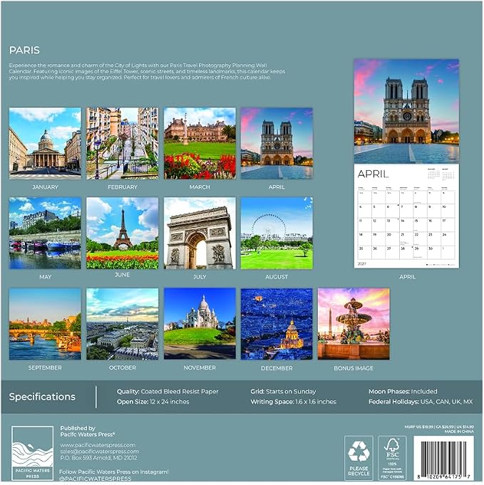 Paris 2027 Wall Calendar, 12 x 24 Hanging Pacific Waters Press