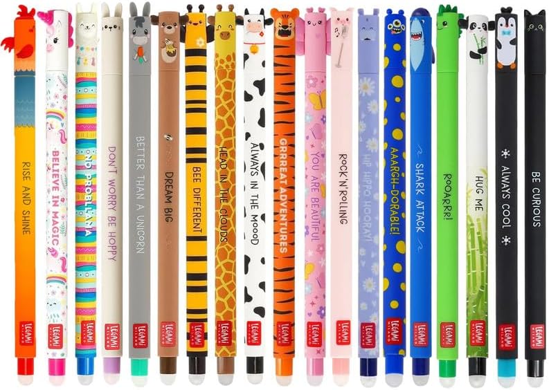 LEGAMI - Set of 19 Erasable Gel Pens with Thermosensitive Erase Ink, Range of ink colours & barrel designs, 0.7mm Tip, Animal Designs