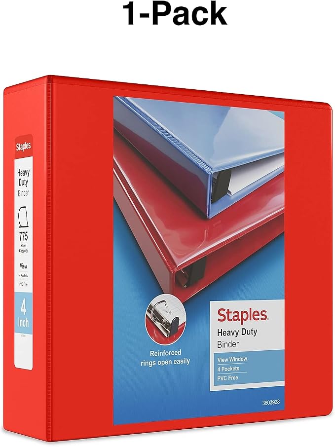 Staples Heavy-Duty 4-Inch D-Ring View Binder, Extra Large Capacity Holds Up to 800 Sheets, Red, for Office, School & Archiving