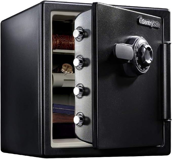 SentrySafe Fireproof and Waterproof Black Steel Home Safe with Dial Combination Lock for Cash, or Documents, 1.23 Cubic Feet, 17.8 x 16.3 x 19.3 x Inches, SFW123CU | Steel Safe Has Four Locking Bolts, Pry-resistant Hinge Bar, Shelf, Dial Combination Lo...