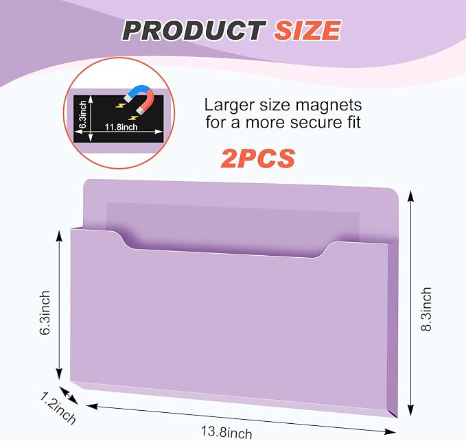 Feifeiya 2 Pcs Magnetic File Folder Wall Hanging Holder Large Pocket Paper Magazine Mail Organizer for Refrigerator Classroom Locker Whiteboard(Horizontal,Purple,13.8 x 8.3 Inches)