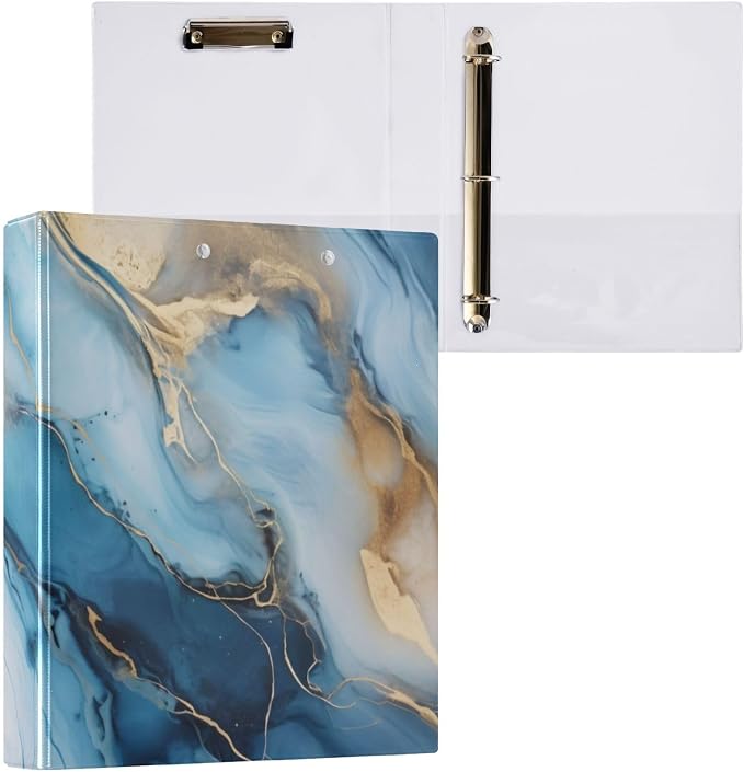 3 Ring Binder Gold Marble Blue Fluid Marble 1.5 inch Binders Three Ring Binders with Clipboard Fit 8.5'' x 11'' Paper 3 Interior PVC Clear Pockets for Office Supplies