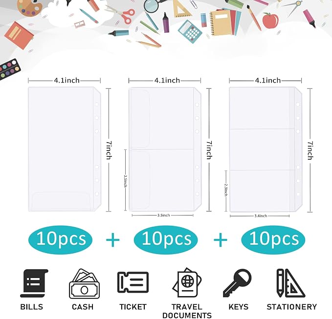 30pcs A6 Binder Pocket Set no Zipper Clear Budget Planner Inserts Bulk Budget Binder Organizer Cash Envelopes for Budgeting Waterproof PVC Loose Leaf Bags Card Sleeves for 6 Ring Notebook