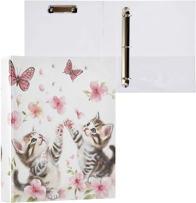 Butterfly Cute Cat Binder 1.5 Inch Binder with Clipboard&Pockets, Kitty with Pink Floral Hardcover Binders 3 Ring Heavy Duty Large File Folder for Office School Supplies-Holds 200 Sheets, 2 PC