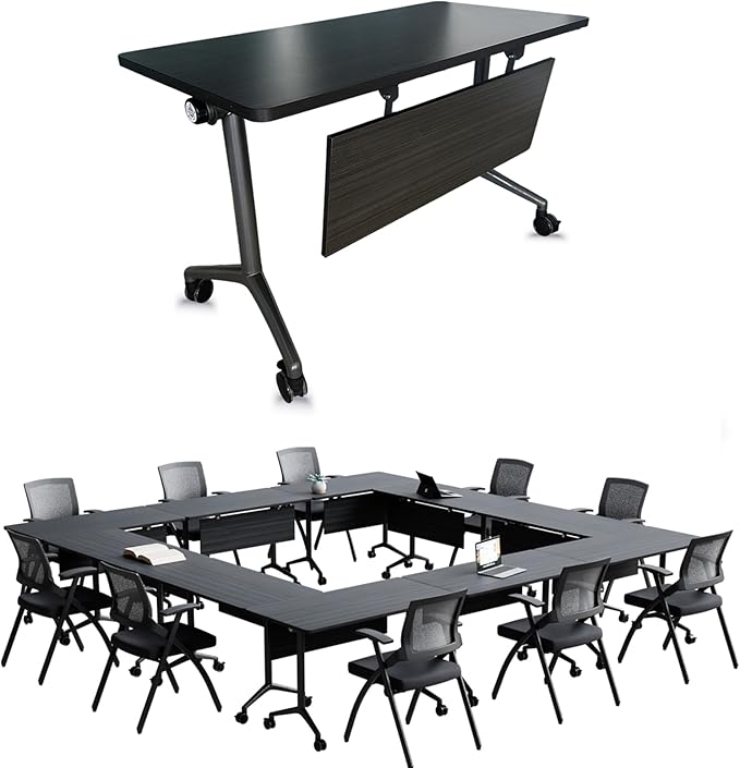 Goakwwuz Conference Room Table, Folding Conference Tables,Thicken Grey Tabletop,Flip Top Wooden Seminar Meeting Room Table for Conference Room Offices (10, BlackWoodGrain, 47.2“)