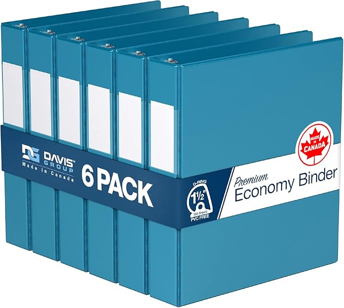 Premium Economy 6-Pack 3-Ring Binders for School or Office, D-Ring Binders, 1.5 Inch, Turquoise | Heavy-duty binder, fits 8.5" x 11" paper, turquoise, customizable spine, made in Canada, ideal for school or office use