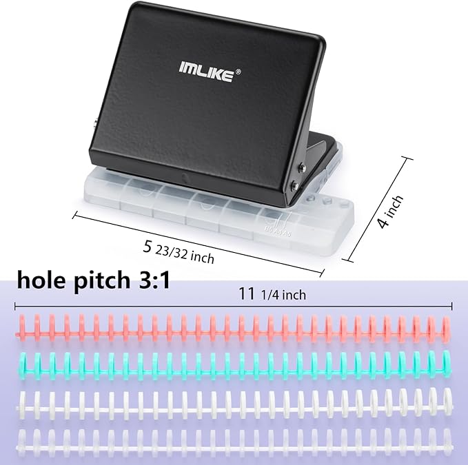 IMLIKE 10-Hole Binding Machine for Planners - Metal Manual Binding System with 10 Multi-Color 30-Hole Loose Leaf Binding Spines - Punches 26 Holes on B5, 30 Holes on A4, 20 Holes on A5 Paper - Black