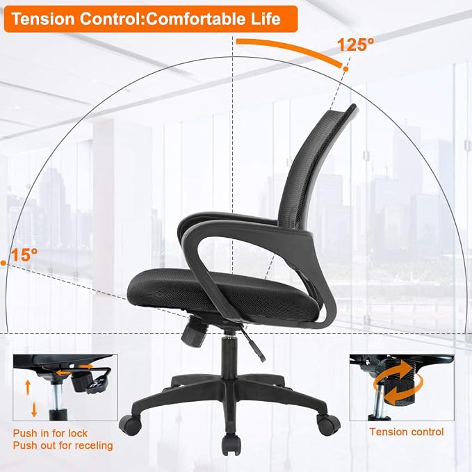 BestOffice Ergonomic Office Chair | Mid-Back Swivel Desk Chair | Black | with Lumbar Support, Adjustable Height & Breathable Backrest | Sponge Seat & Rolling Wheels | for Home, Office | Pack of 1