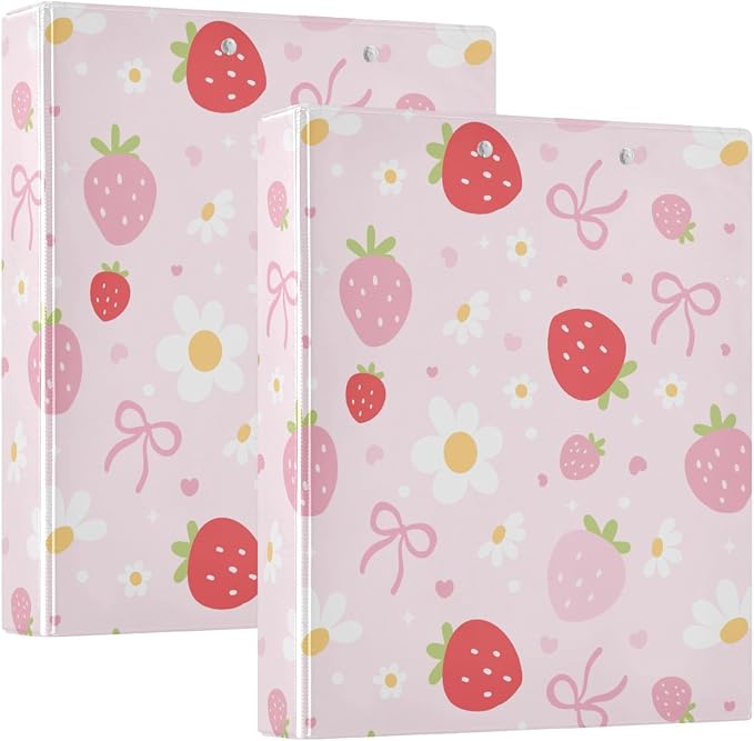 Bow Floral Cute Pink Strawberry Binder 1.5 Inch Binder with Clipboard&Pockets, Hardcover Binders 3 Ring, Heavy Duty Large File Folder for Office School Supplies - Holds 200 Sheets, 2 PC