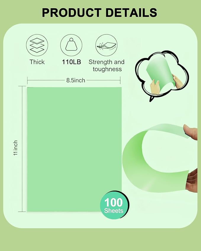 Veritas Green Colored Cardstock, 8.5" x 11" Colored Copy paper, 110LB/199GSM Printer Paper, 100 Sheets (1 Reams), Colored Multi-Purpose Paper, Made in USA